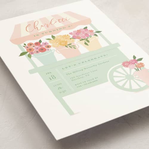 This is a grass kids birthday invitations with standard by Jennifer Wick called petite flower cart printing on signature in postcard