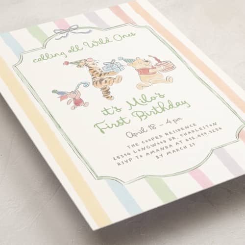 This is a confetti kids birthday invitations with standard by Creo Study called disney's winnie and friends preppy wild one printing on signature in postcard