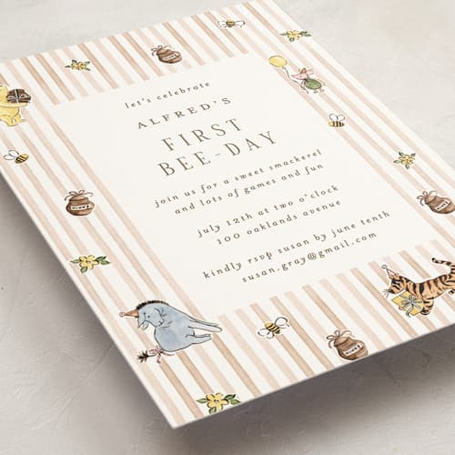 This is a honeypot kids birthday invitations with standard by Sarah Knight called disney's winnie the pooh first bee-day printing on signature in postcard