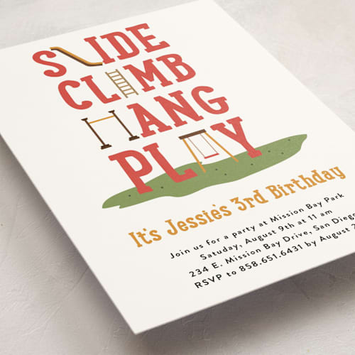 This is a ketchup kids birthday invitations with standard by Erica Krystek called at the playground printing on signature in postcard