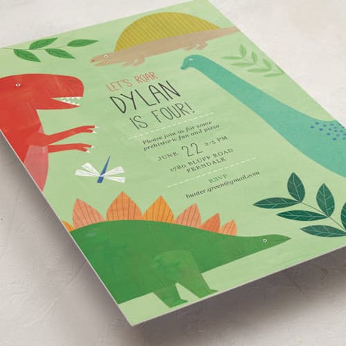 This is a forest kids birthday invitations with standard by melanie mikecz called let's roar dinosaur printing on signature in postcard