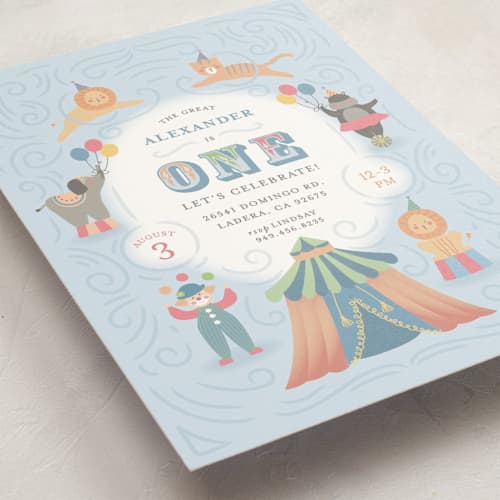 This is a sky kids birthday invitations with standard by Joanna Griffin called step right up printing on signature in postcard