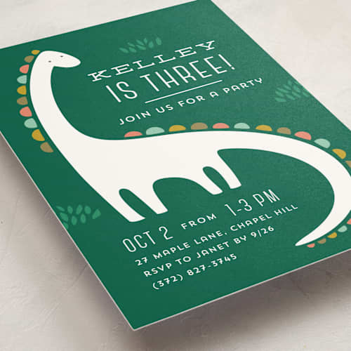 This is a palm kids birthday invitations with standard by Laura Hankins called dinotastic printing on signature in postcard