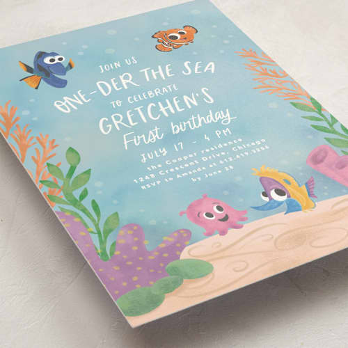 This is a aqua kids birthday invitations with standard by Creo Study called disney and pixar’s finding nemo’s one-der the sea party printing on signature in postcard