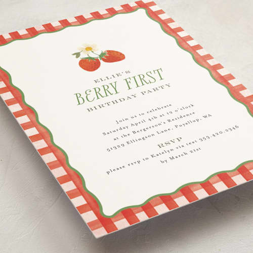 This is a strawberry kids birthday invitations with standard by Itsy Belle Studio called so berry sweet printing on signature in postcard