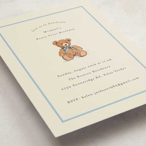 This is a frost kids birthday invitations with standard by Becky Nimoy called antique teddy bear printing on signature in postcard