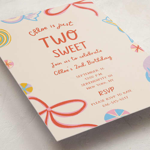 This is a cookie kids birthday invitations with standard by Lissabeth Anglin called super sweet printing on signature in postcard