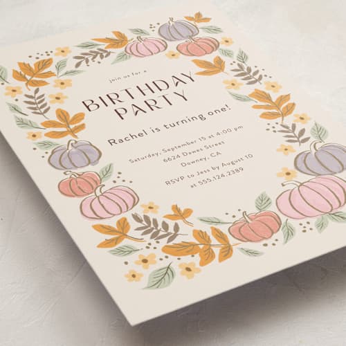 This is a pudding kids birthday invitations with standard by Cass Loh called pastel pumpkins printing on signature in postcard