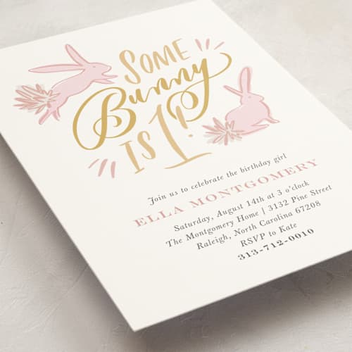 This is a peony kids birthday invitations with standard by Julie Murray called some bunny printing on signature in postcard