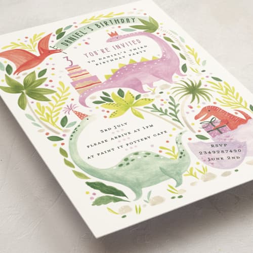 This is a forest kids birthday invitations with standard by Sarah Knight called party dinos printing on signature in postcard