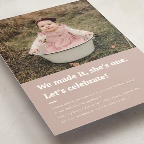 This is a blush kids birthday invitations with standard by Adelyn T. called made it printing on signature in postcard