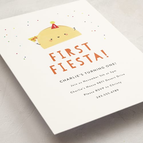 This is a spicy kids birthday invitations with standard by Itsy Belle Studio called 1st fiesta printing on signature in postcard
