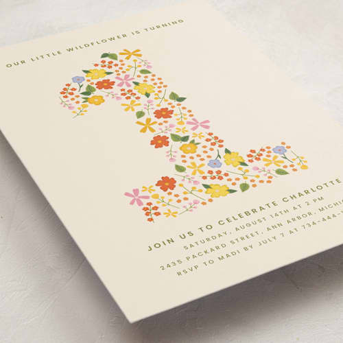 This is a vibrant kids birthday invitations with standard by Ellen Schlegelmilch called little wildflower printing on signature in postcard