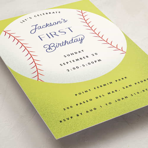This is a grass kids birthday invitations with standard by Becky Nimoy called baseball printing on signature in postcard