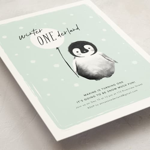 This is a mint kids birthday invitations with standard by Vivian Yiwing called onederland printing on signature in postcard