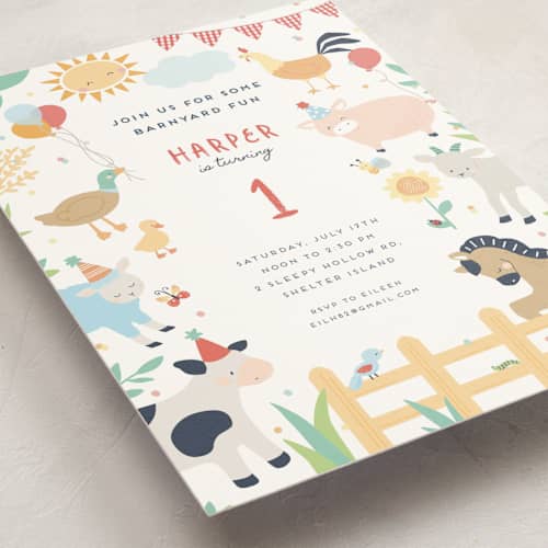 This is a barn kids birthday invitations with standard by peetie design called barnyard fun printing on signature in postcard