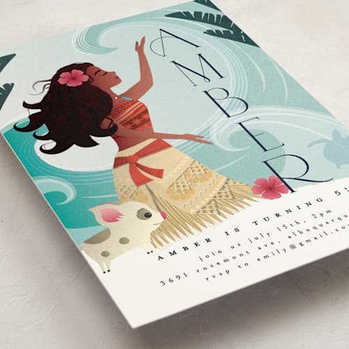 This is a ocean kids birthday invitations with standard by Ana de Sousa called disney's moana of motunui printing on signature in postcard