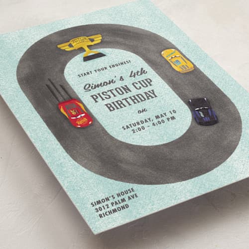 This is a sky kids birthday invitations with standard by Carly Reed Walker called disney and pixar cars dinoco 400 printing on signature in postcard