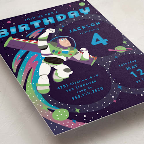 This is a night sky kids birthday invitations with standard by Katie Zimpel called disney and pixar birthday buzz printing on signature in postcard
