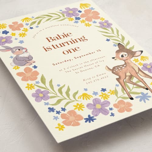This is a cream kids birthday invitations with standard by Cass Loh called disney's magical bambi printing on signature in postcard