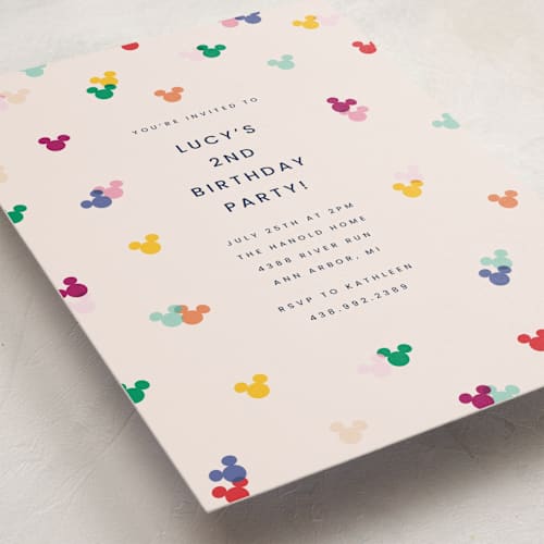 This is a bold kids birthday invitations with standard by Ellen Schlegelmilch called disney's mickey confetti printing on signature in postcard