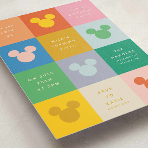 This is a bold kids birthday invitations with standard by Ellen Schlegelmilch called vibrant disney mickey printing on signature in postcard