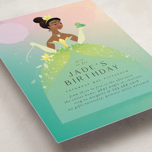 This is a spearmint kids birthday invitations with standard by Lori Wemple called tiana from disney's the princess and the frog printing on signature in postcard