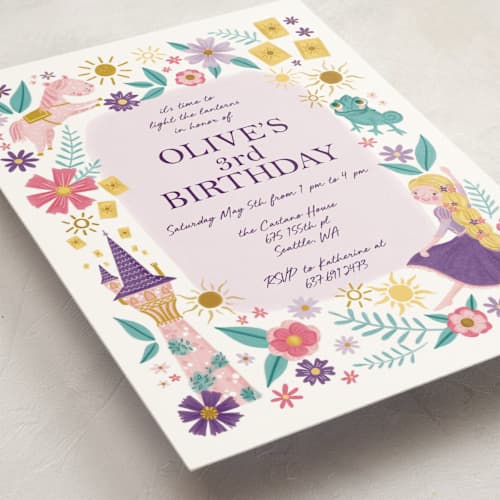 This is a lilac kids birthday invitations with standard by Katherine Dietz called disney's tangled floral birthday invite printing on signature in postcard