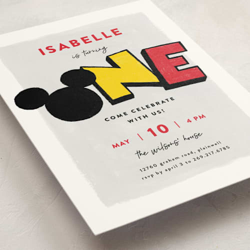 This is a traditional kids birthday invitations with standard by Pixel and Hank called a disney mickey party printing on signature in postcard