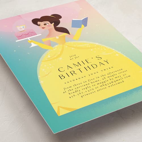 This is a teal kids birthday invitations with standard by lori jacobs wemple called belle from disney's beauty and the beast printing on signature in postcard