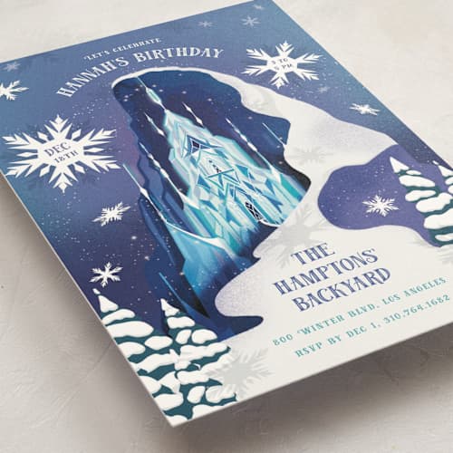 This is a majestic kids birthday invitations with standard by Becky Nimoy called elsa's ice castle from disney's frozen printing on signature in postcard