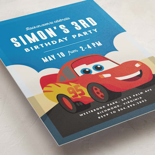 This is a sky kids birthday invitations with standard by Carly Reed Walker called disney and pixar's cars kachow printing on signature in postcard