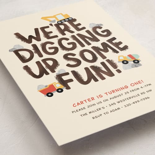 This is a dirt kids birthday invitations with standard by Megan Cash called digging printing on signature in postcard