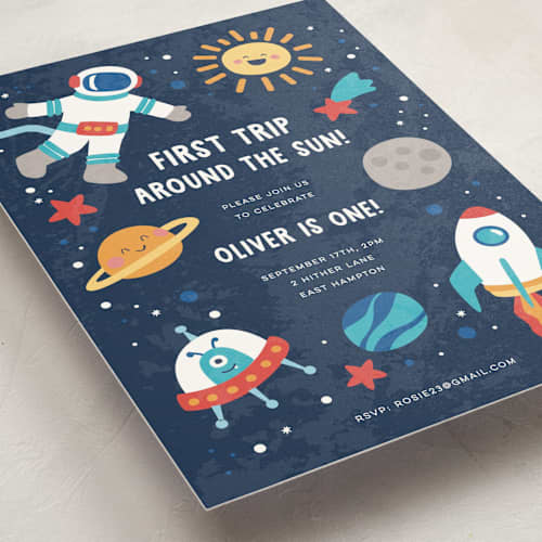 This is a midnight kids birthday invitations with standard by peetie design called space age printing on signature in postcard