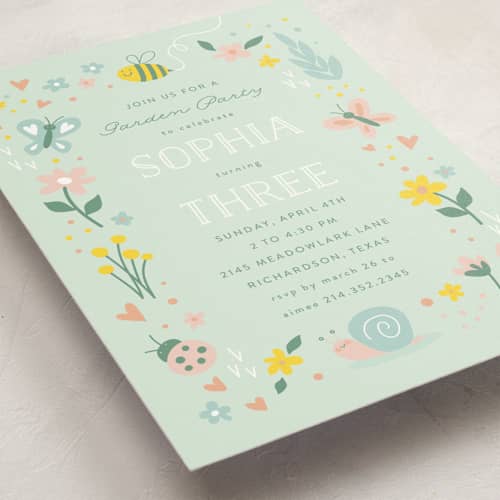 This is a sky kids birthday invitations with standard by Susan Asbill called in the garden printing on signature in postcard