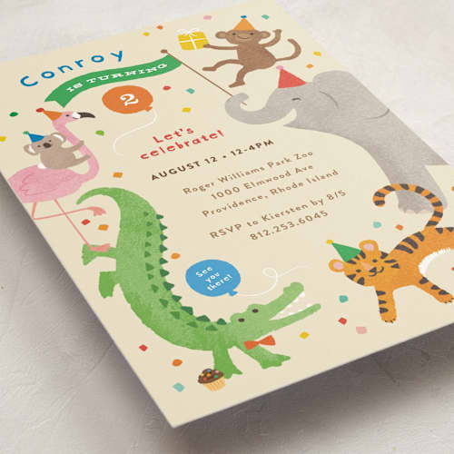 This is a sugar cookie kids birthday invitations with standard by Jennifer Wick called confetti crew printing on signature in postcard