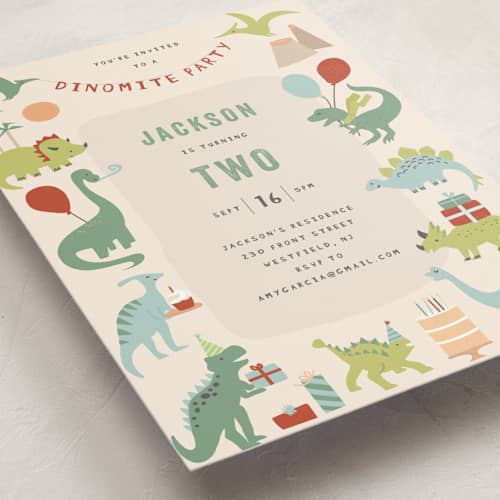 This is a sand kids birthday invitations with standard by Teju Reval called dino party printing on signature in postcard