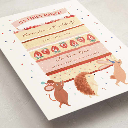 This is a strawberry shortcake kids birthday invitations with standard by Sarah Knight called cake carry printing on signature in postcard