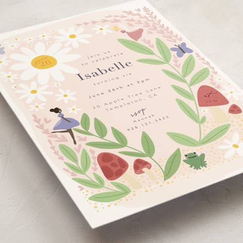 This is a rose kids birthday invitations with standard by Hudson meet Rose called fairies printing on signature in postcard