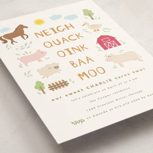 This is a cotton kids birthday invitations with standard by Creo Study called barnyard noises printing on signature in postcard