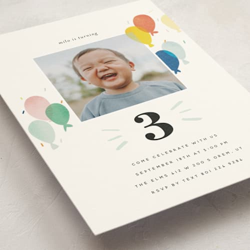 This is a sea kids birthday invitations with standard by Stephanie Hawkes called balloon overlay printing on signature in postcard