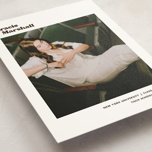 This is a espresso graduation announcements with standard by Megan Davis called vinyl printing on signature in petite