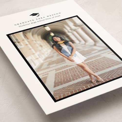 This is a cotton graduation announcements with standard by Stacey Meacham called elegant frame printing on signature in petite