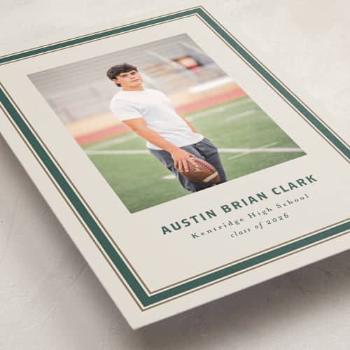 This is a evergreen graduation announcements with standard by Angela Garrick called varsity frame printing on signature in petite