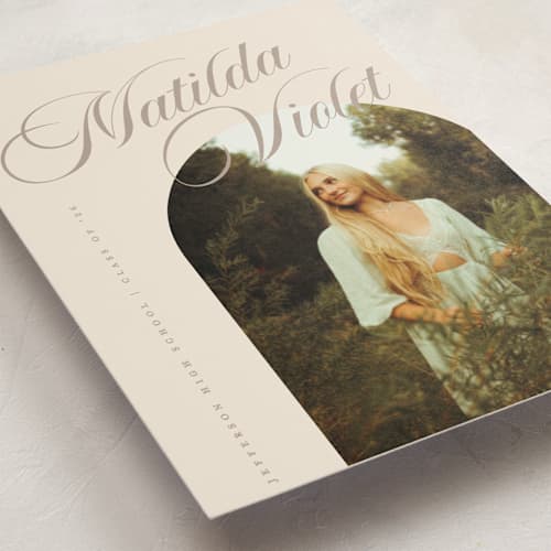 This is a almond graduation announcements with standard by Morgan Kendall called modern curves printing on signature in petite