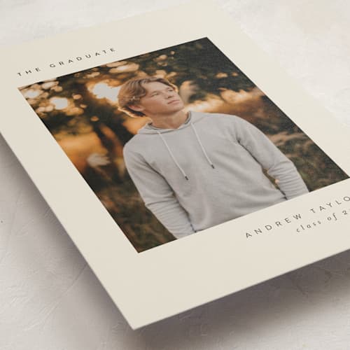 This is a sand graduation announcements with standard by Pippa Shaw called visionary printing on signature in petite