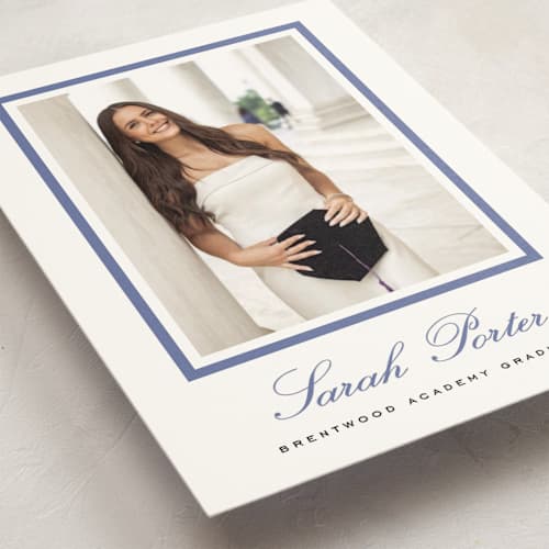 This is a indigo graduation announcements with standard by Sara Hicks Malone called longwood printing on signature in petite