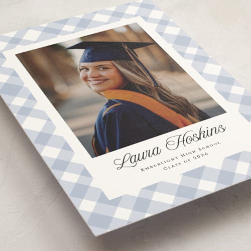 This is a powder graduation announcements with standard by Kampai Designs called gingham printing on signature in petite