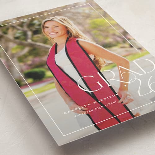 This is a snow graduation announcements with standard by Lauren Chism called broken border printing on signature in postcard