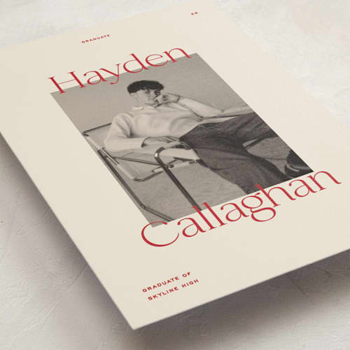 This is a scarlet graduation announcements with standard by Ellen Schlegelmilch called hayden printing on signature in postcard